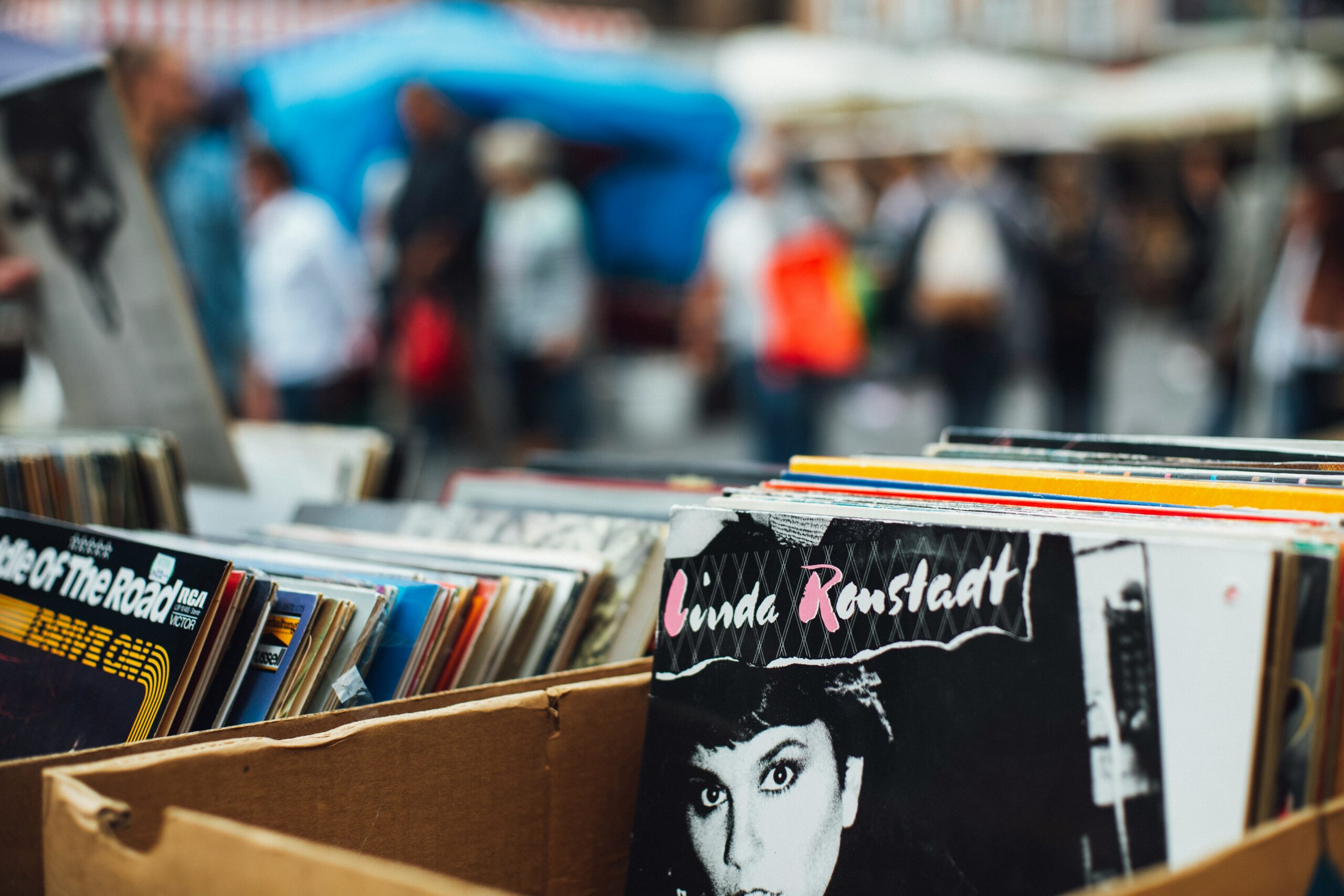 Alt Records in a box at the market.